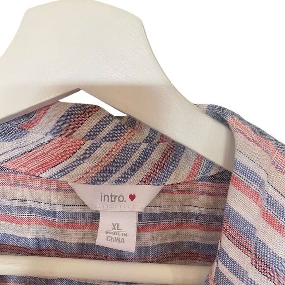 Intro. Linen blend button down blouse XL striped lagen look button sleeve - Picture 5 of 7